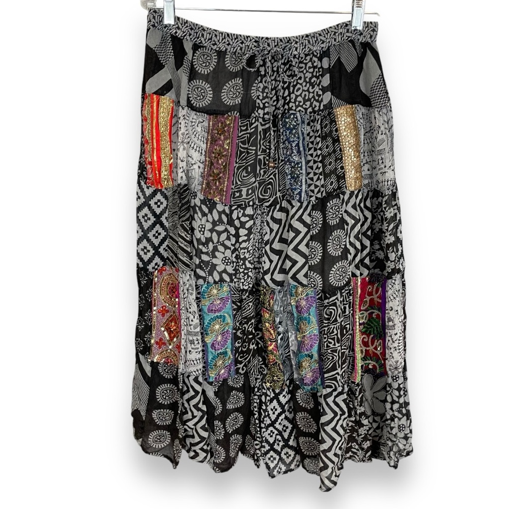 Broomstick Skirt Patchwork Midi‎ Drawstring Elastic Waistband Hippie Boho Black